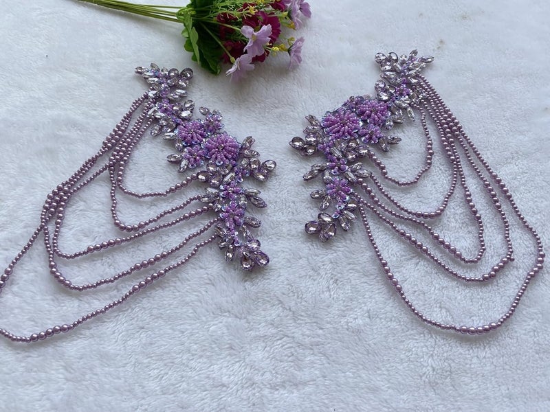 wtbvn 1 Pair Beaded Rhinestones Applique Embellishment for Clothes Epaulettes Shoulder Patches Sew-on Diamond Sequin Tassels Applique for Wedding Dress DIY Accessories 9.8X10.2inches (Violet) - Image 3